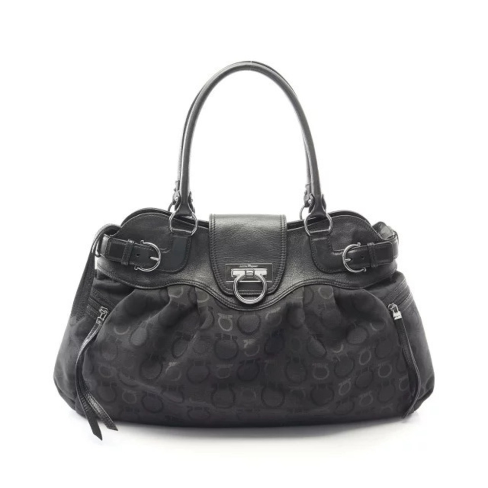 Salvatore Ferragamo Gancini Tote Bag Canvas Leather Black